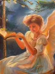 Angel With Book,Original painting oil,16x20in, Christian Religious Spiritual Art