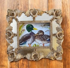 Mallard Ducks miniature art watercolor print in gold vintage style ornate frame