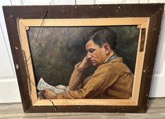 Antique Double Sided Oil Painting Beautiful Woman Portrait & Man Reading Signed