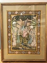 Antique/ Vintage Indian Hand Painted on Silk, Wood Framed, with Covered Glass