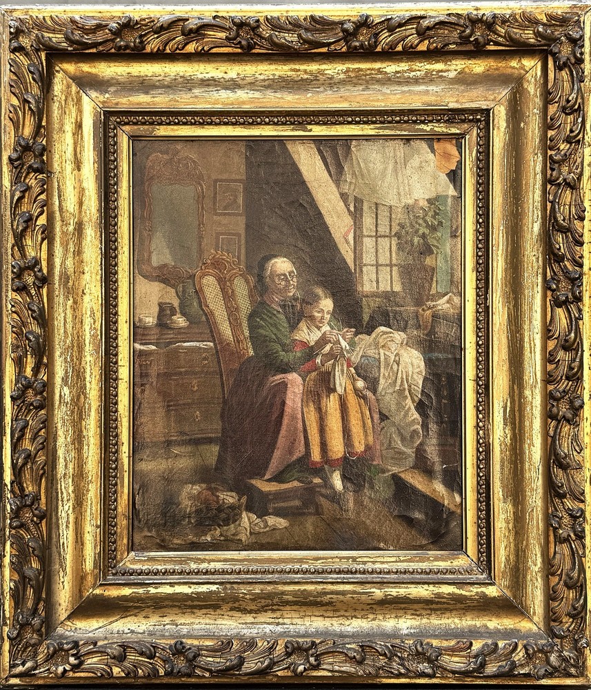 ANTQ Early 19th C German Munich School Interior Genre O/C „The Knitting Lesson“!
