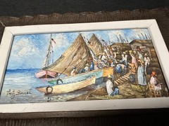 Vintage ORIGINAL ART PAINTING BY HAITIAN MASTER Fritz Bonnet Haiti Boat Docks