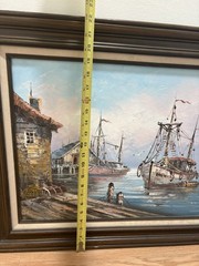 Vintage Oil On Canvas Ship Harbor Painting Framed-No Glass- W. Jones? Unsigned.