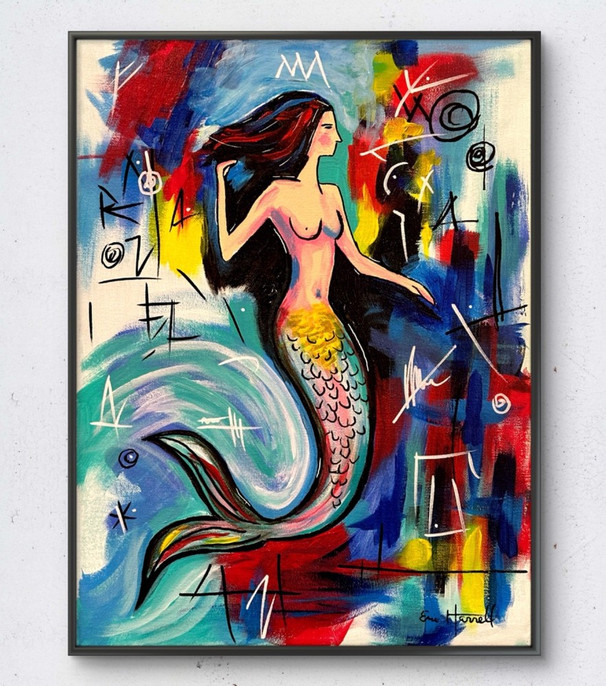 Original Mermaid Ocean Art 16×12 Canvas Colorful Neo Expressionist Painting