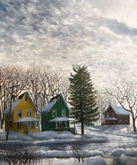 A Winter painting of an icy road-two houses-original oil painting-home decor-art