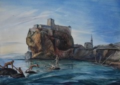 FISHERFOLK FIGURES ON THE BEACH BATHING NAKED A PAIR c185080s WATERCOLOURS UNSIG