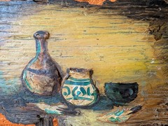 Original Oil Painting on Reclaimed Barn Wood Rustic Folk Art Still Life Pottery