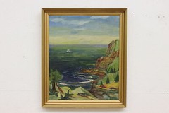 Boat in Lagoon Vintage Original Oil Painting, Signed 27.5″ #51472
