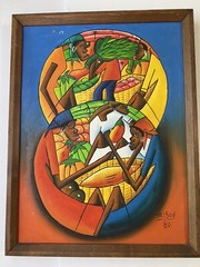 Haitian Abstract Folkart Painting By Nelson 1980 Framed 17” X 13” Inch