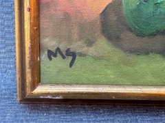 NAIVE FOLK ART OIL PAINTING SIGNED M.S. FRUITS POT & FLOWERS POMEGRANATE PEAR