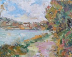 Painting „Cabin By the Pond“ OIL ON CANVAS signed „RM MORTENSEN“ 2020