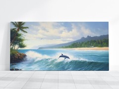 Hawaii Beach Oil Painting Art Canvas Wall Decor Dolphins Ocean Sea Landscape