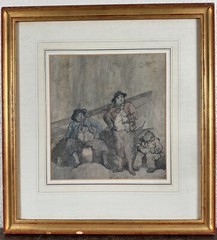 Antique Thomas Rowlandson Gouache Pastel Painting English Men Caricature 18th C.