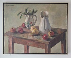 Vintage 1960’s Moody Still Life Oil Painting Apples & Pears on a Farmhouse Table