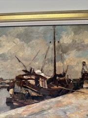 Antique Painting 1910’s Impressionist Coast Beach Industrial Boat Dock Listed