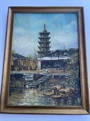 ANTIQUE OIL PAINTING LANDSCAPE VILLAGE ASIAN CHINESE SIGNED PASHKOW TEMPLE 1920