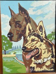VINTAGE FRAMED IN GLASS PAINT BY NUMBER PICTURE OF 2 DOGS – 18″ X 14″