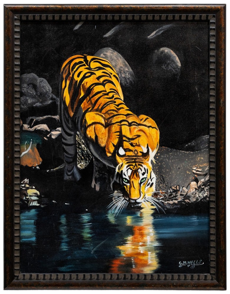 Sylvester Wells (Florida Highwaymen) Tiger at the Water’s Edge, Oil on Canvas