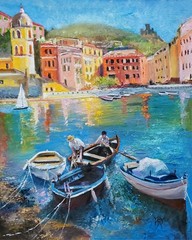 YARY DLUHOS Vernazza Italy Cinque Terra Sea Harbor Village Original Oil Painting