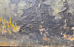 ::OIL PAINTING INDISTINCT. MONOGR.HUNTER STAND ON THE PLATFORM IN FRONT OF RED MOUNTAIN WALL
