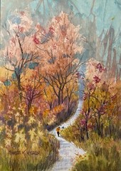 Pamela Wilhelm original 6”x8” Watercolor Dog Man Trail Walk Autumn Hills Orange