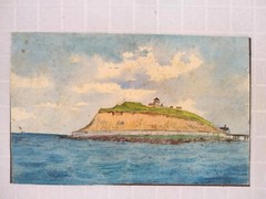 Watercolor Painting Original Ocean Island Houses on Bluff Unframed Vintage