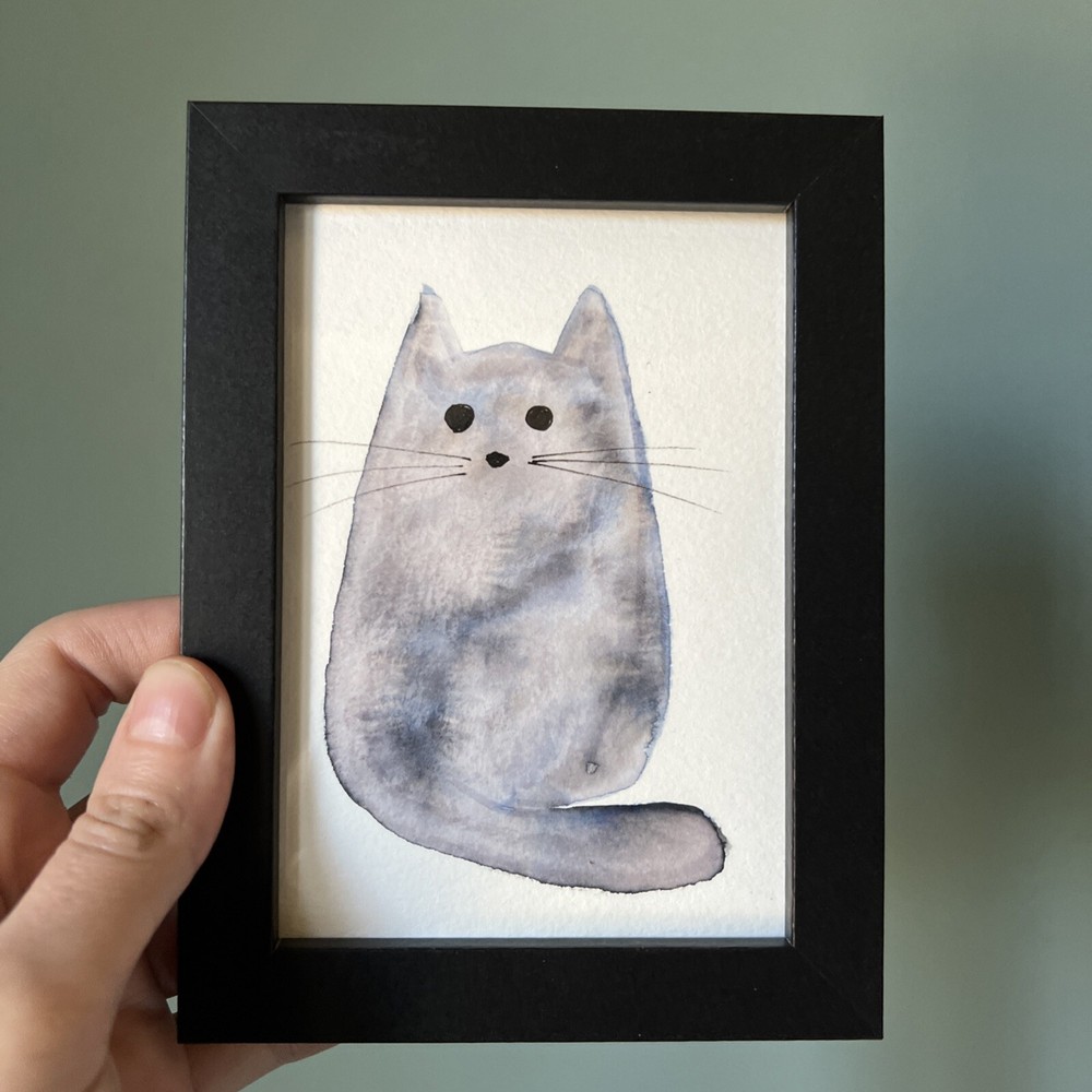 Gray Cat,funny,cute,original,watercolor miniature Painting,small,mini,framed