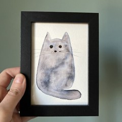Gray Cat,funny,cute,original,watercolor miniature Painting,small,mini,framed