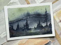 ACEO Moody Hillside, Watercolor Landscape Painting By Sasha Lehto
