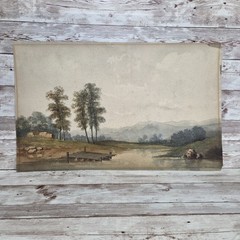 Antique 19c Watercolor Pastoral Landscape Scene French Signed Date 1861 Unframed