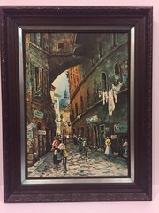 European Street Scene Impressionist Oil Painting On Board w/Brown Frame 35″x27″