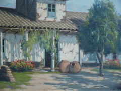 ALBERTO LOBOS, LISTED CHILEAN IMPRESSIONIST ANTIQUE LANDSCAPE VILLAGE STREET OIL