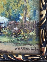 Joseph Harencz ATQ VTG Miniature Impressionism Chicken Genre Landscape Painting