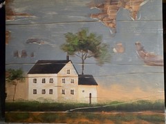 Folk Art House Landscape Painting on Wood, Unframed Nature Architecture