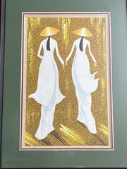 2 Vietnamese Rice Paper Paintings Signed Framed Original Art Women Rice Workers