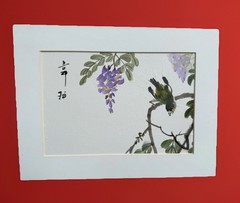 Original Sumi Ink Watercolor Painting Bird On Wisteria Branch Artist Seal Signed