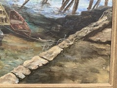 FLORA E. SCHAIFER – c1940s Seascape Oil Painting w/ Pier „Cape Porpoise, Maine“
