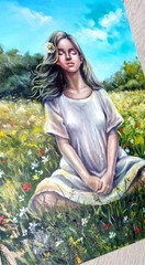 Original Painting Meditation Woman and Nature Artwork, Woman Portrait, Ukraine