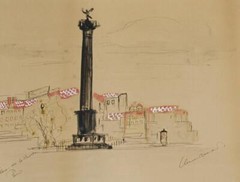 Vintage Ink, Gouache & Watercolor of Place de la Bastille by Claude Rodewald