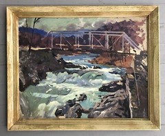 American School perhaps Vermont ? oil on board steel bridge and roaring stream