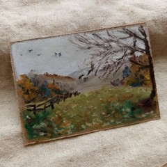 Original ACEO Autumn Countryside Tree Landscape Fall Foliage Mini Painting OOAK