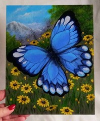 Butterfly ORIGINAL ACRYLIC PAINTING Landscape Mountain Flowers ART 8 x 10 in