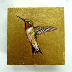 Original Hummingbird Realism Oil Painting on Gold Foil Nature Art