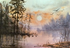 BERD FOGGY FOREST WILDLIFE Original Artwork Painting Landscape Bob Ross Style A5