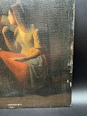 Antique Italian 19thC Oil Painting Tavern Scene Couple Candlelight on Panel