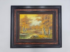 Vintage Painting Signed By Lewis – Fall / Autumn Landscape Lake scene 20″x24″
