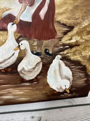 Vintage Primitive Folk Art Painting – Signed Girl Goose On Wood Board Wall Decor