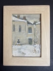Painting Winter Landscape Soviet House & Statute Oil on Cardboard European USSR