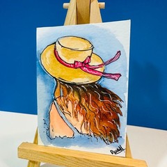 Original ACEO Watercolor Woman in Sun Hat Portrait Mini Painting Summer Artwork