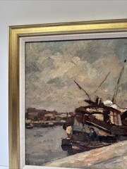 Antique Painting 1910’s Impressionist Coast Beach Industrial Boat Dock Listed